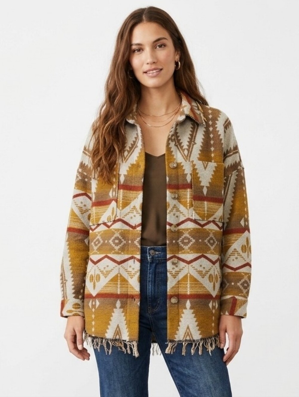 Vintage Southwestern Patterned Button-Front Fringe Trim Shacket In Tan/Beige